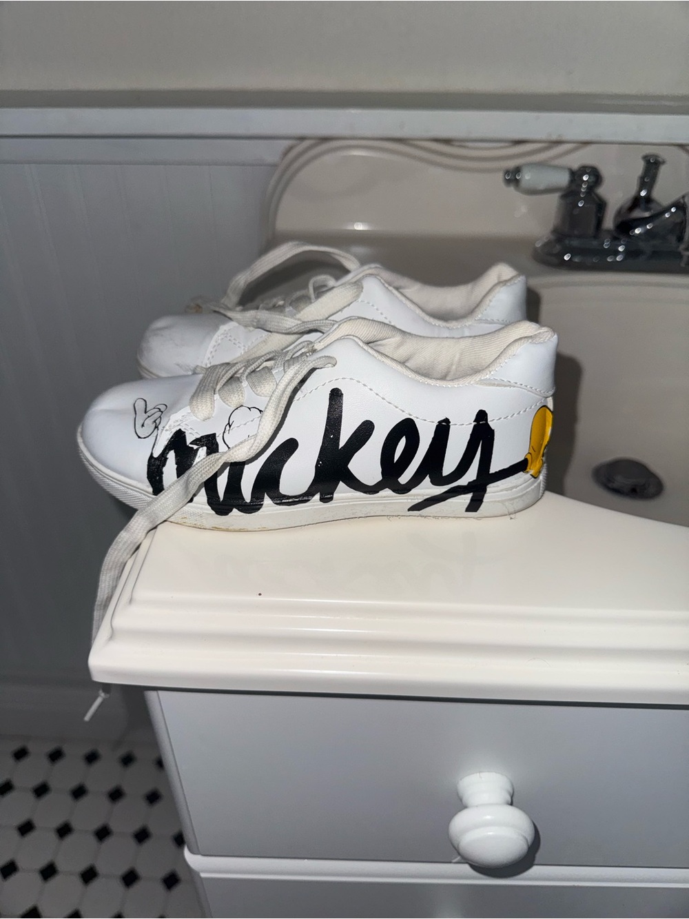 Disney White Sneakers with Black Script and Yellow Accent